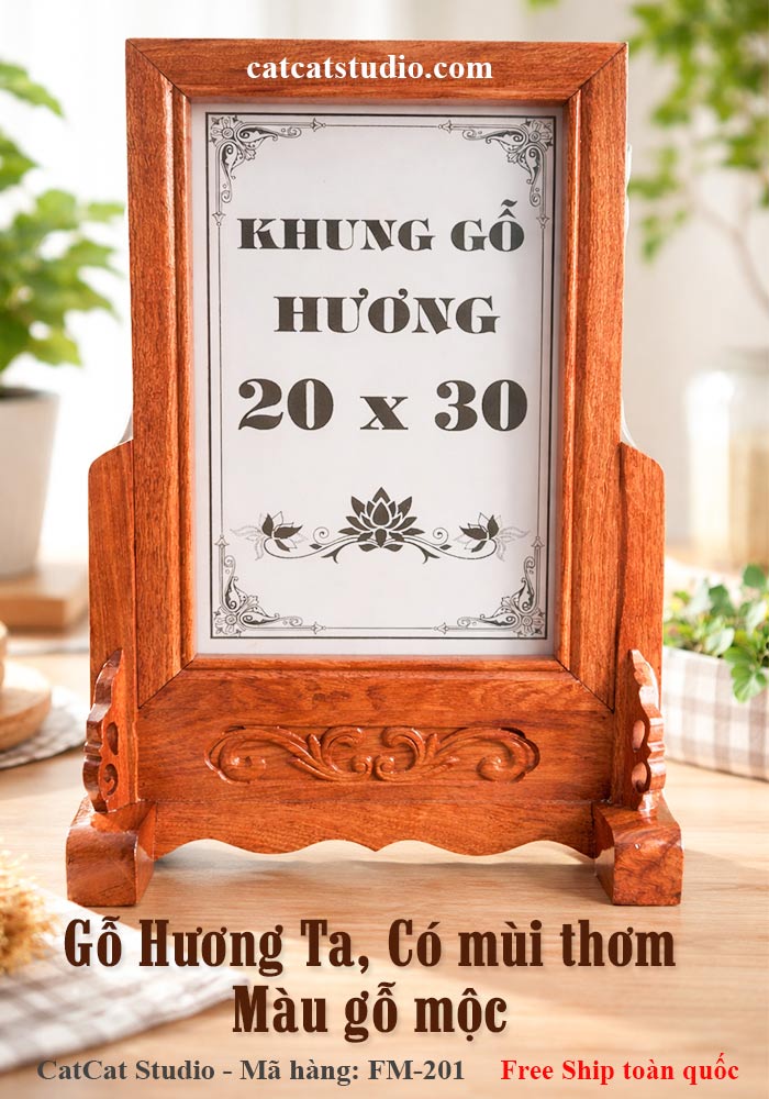 Khung ảnh thờ gỗ hương 20x30 chạm khắc hoa văn truyền thống, màu gỗ tự nhiên, thiết kế trang nghiêm cho bàn thờ gia tiên