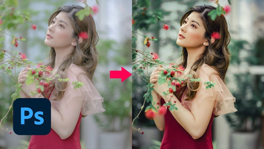 Hình minh họa dịch vụ chỉnh sửa ảnh Photoshop: ảnh trước và sau khi retouch cô dâu, chỉnh màu, làm đẹp da và cân sáng tại CatCat Studio